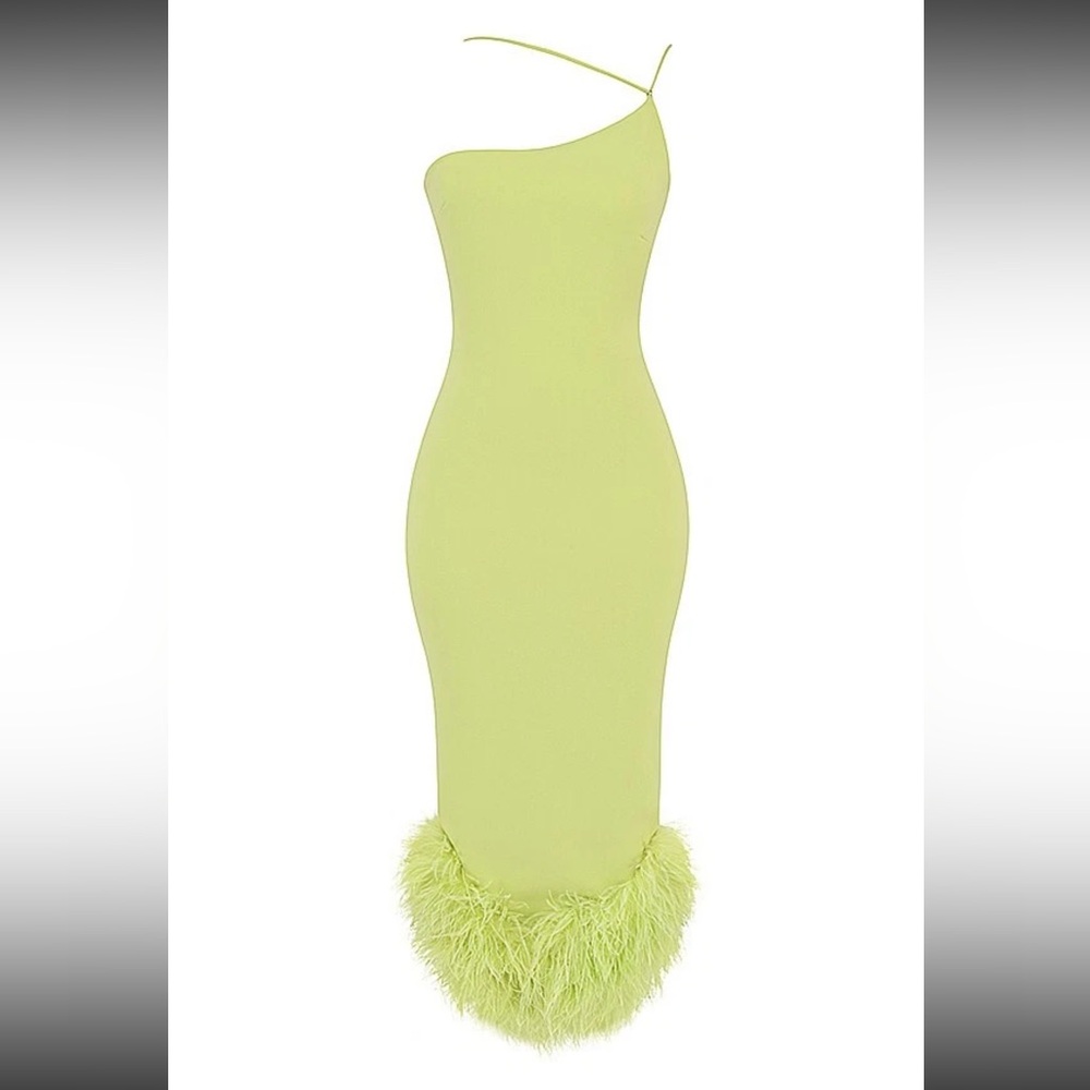 House Of Cb 'Alessia' Green Asymmetric Feather Trim Midi Dress Size S US4-6 $369 - Picture 7 of 10